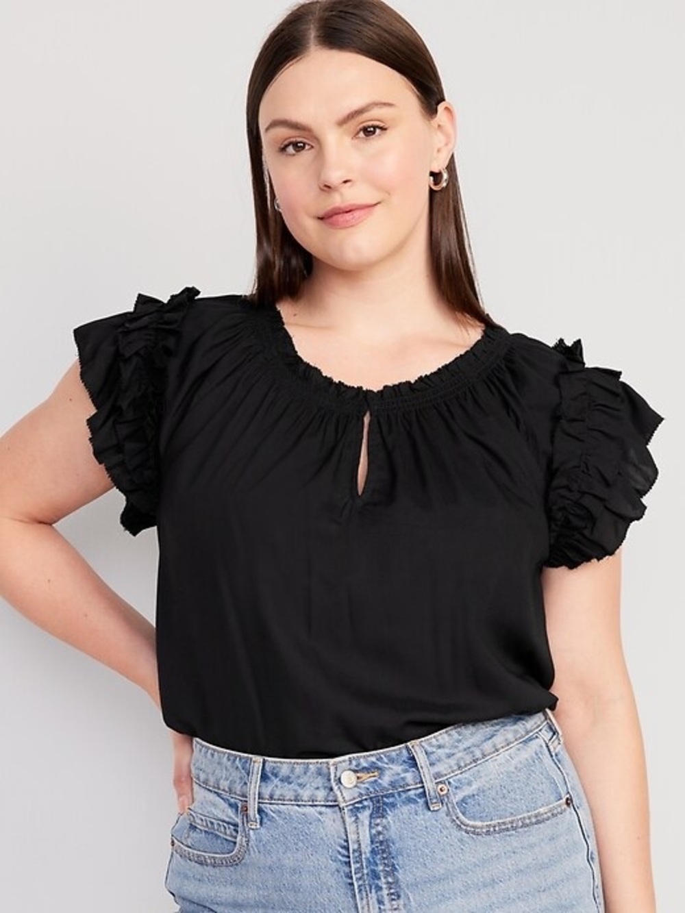 Old Navy | Black Smocked Top w Ruffle Trim